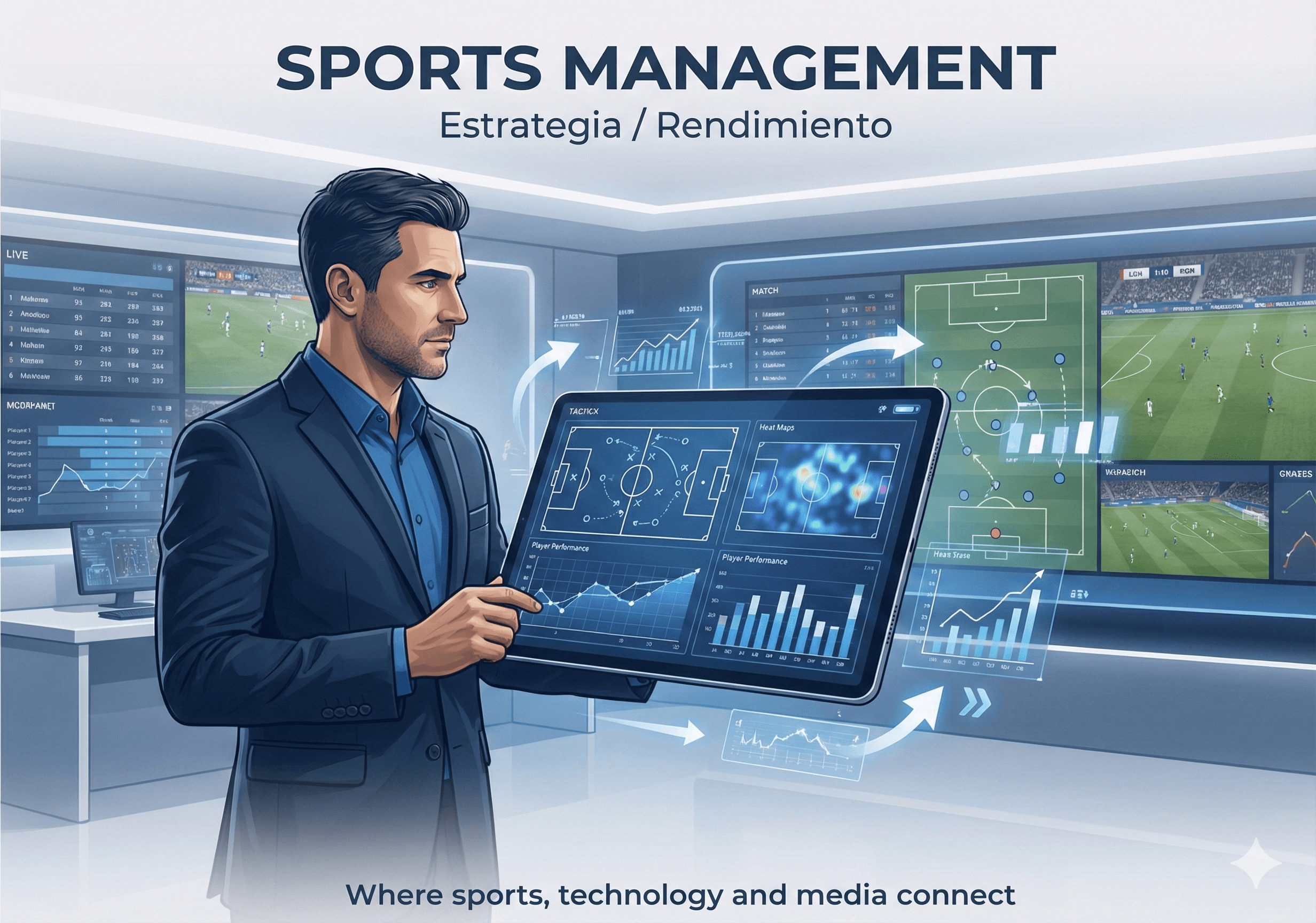 Un entrenador o director técnico en un campo de juego moderno sosteniendo una tablet digital con gráficos de estrategia, con el estadio de fondo desenfocado.